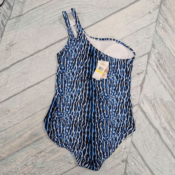 Jessica Simpson NWT Medium Blue Animal Print One Shoulder Piece Swimsuit - Picture 2 of 6